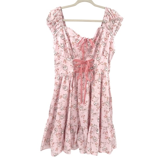 Disney Marie Aristocats Pink Floral Lace Up Corset Ruffle Cap Sleeve Dress LG - Picture 4 of 8